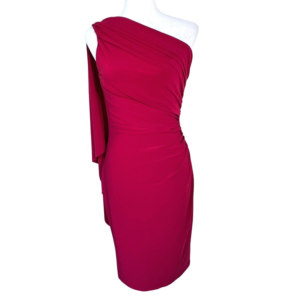 LAUREN RALPH LAUREN NWT Women's 8 Red One Shoulder Drape Ruched Sheath Dress
